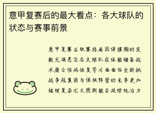 意甲复赛后的最大看点：各大球队的状态与赛事前景